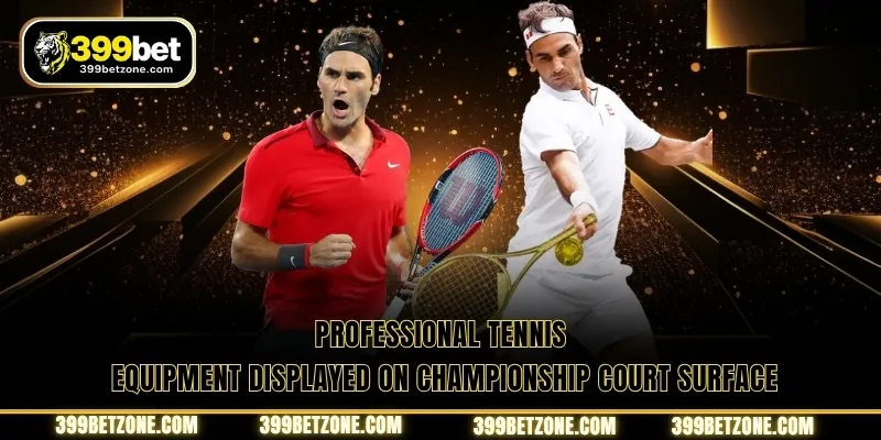 Professional tennis equipment displayed on championship court surface